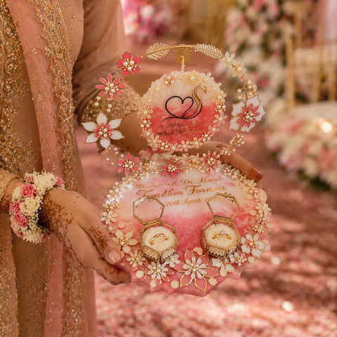 Luxury Customized Engagement Platter 8 Inch with Floral Ring Holder & Couple Name Design