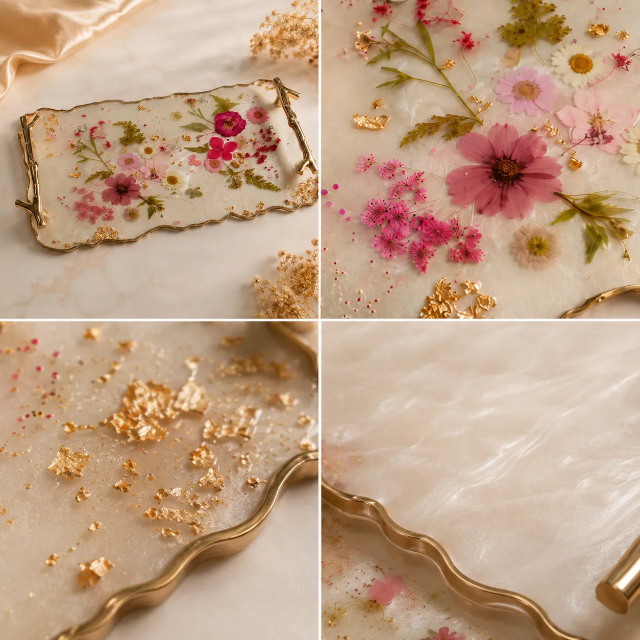 Luxury floral resin tray detail collage featuring full tray view, pressed flower artwork close-up, gold flakes edge detailing, glossy marble resin texture, and premium handcrafted finish with elegant gold handles.