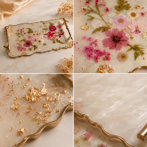 Luxury floral resin tray detail collage featuring full tray view, pressed flower artwork close-up, gold flakes edge detailing, glossy marble resin texture, and premium handcrafted finish with elegant gold handles.