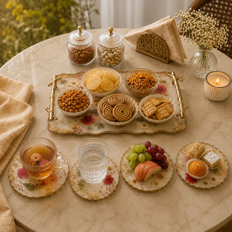 Luxury floral resin tray & coaster set with snacks, tea, fruits, and elegant festive table styling.