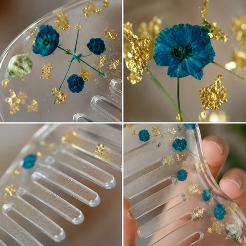 Collage of a clear hair comb with blue flowers and gold flakes.