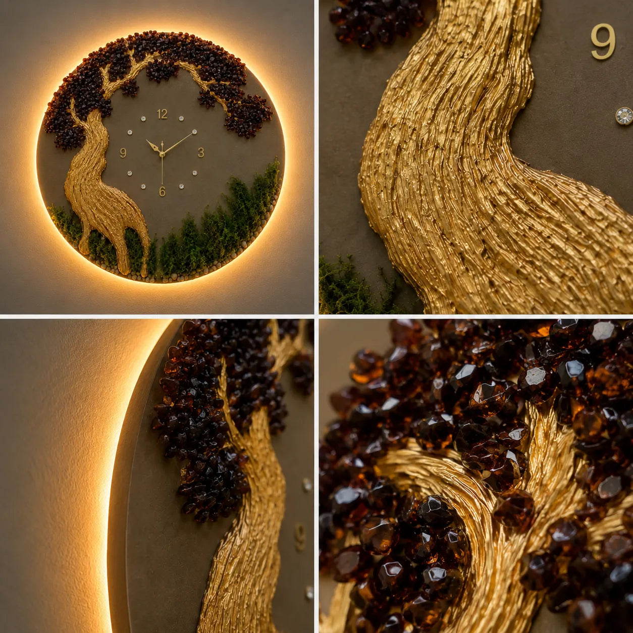 Collage of a decorative wall clock with gold and brown design elements.