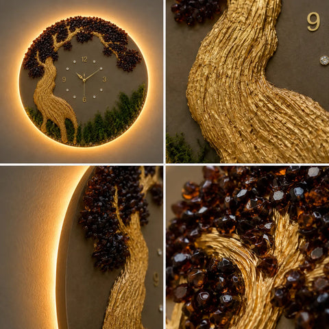 Collage of a decorative wall clock with gold and brown design elements.
