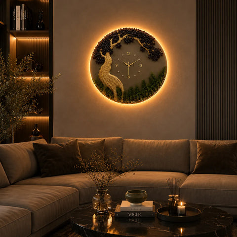 Decorative wall clock with glowing edge in a living room setting.