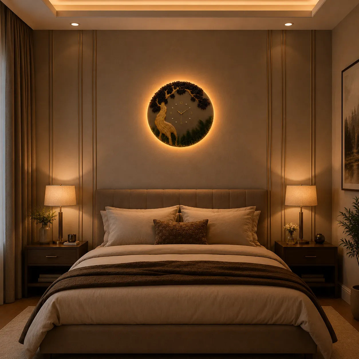 Modern bedroom with a bed, nightstands, and wall clock.