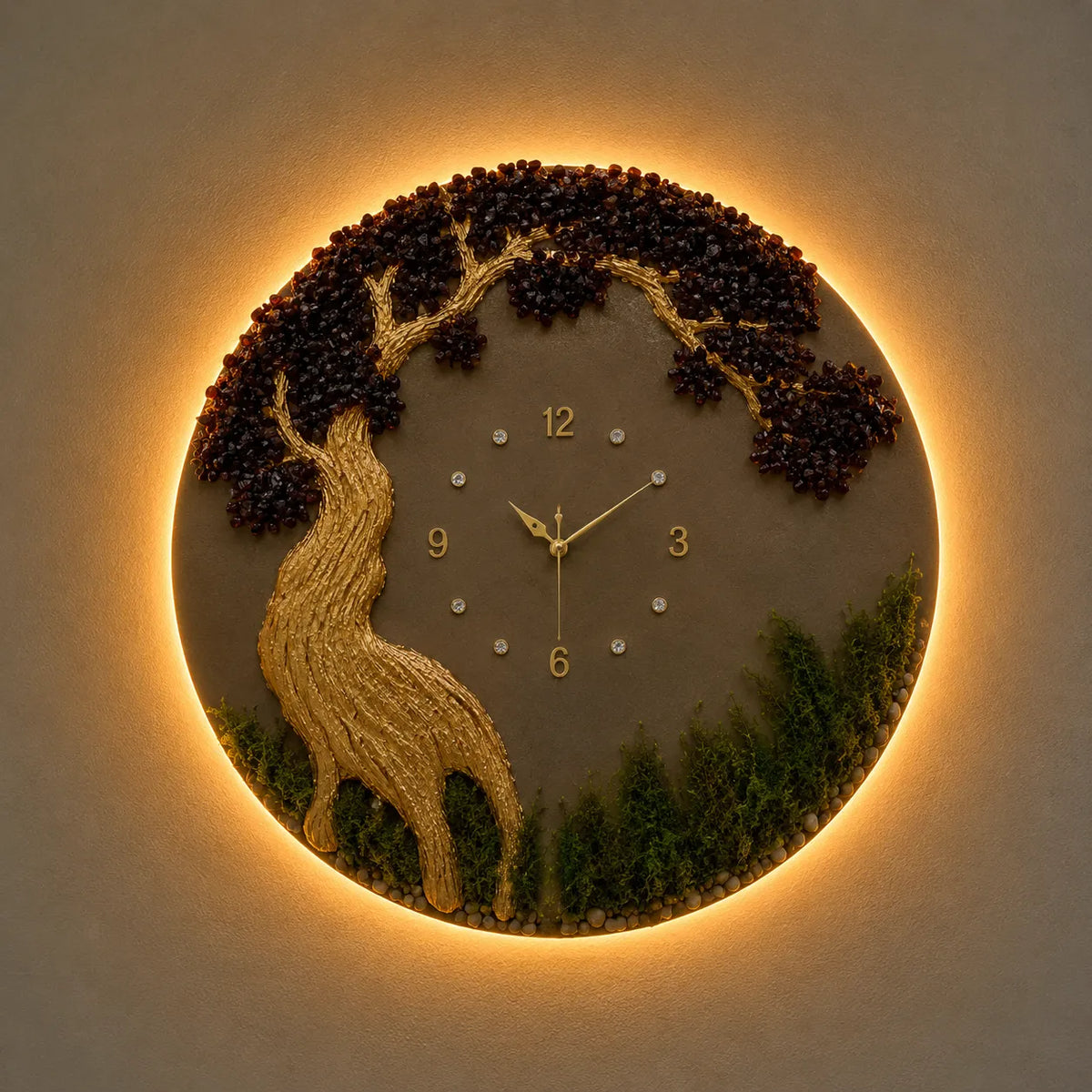 Decorative wall clock with deer and tree design on a beige background