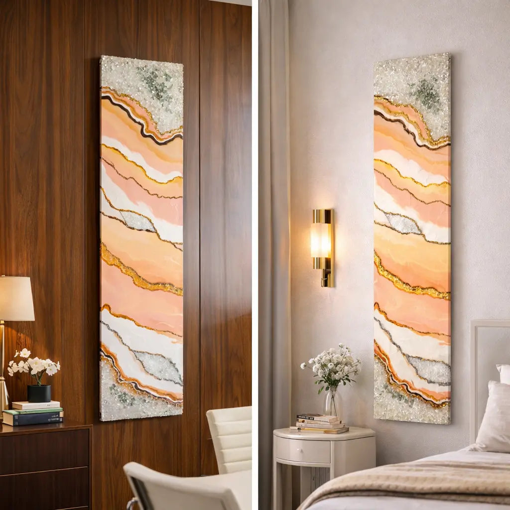Set of luxury peach resin wall art panels with abstract marble design and gold accents, modern wall decor for bedroom and living room interior styling