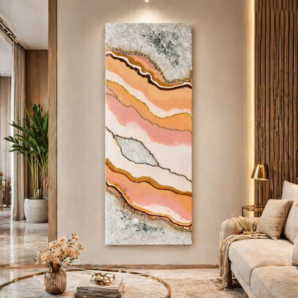 Peach resin abstract wall art panel with marble texture and gold detailing, modern luxury wall decor for living room interior styling