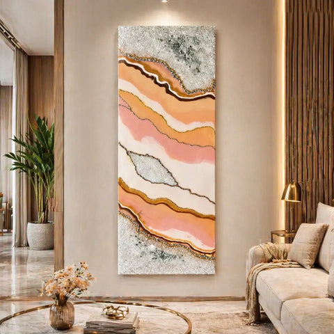 Peach resin abstract wall art panel with marble texture and gold detailing, modern luxury wall decor for living room interior styling
