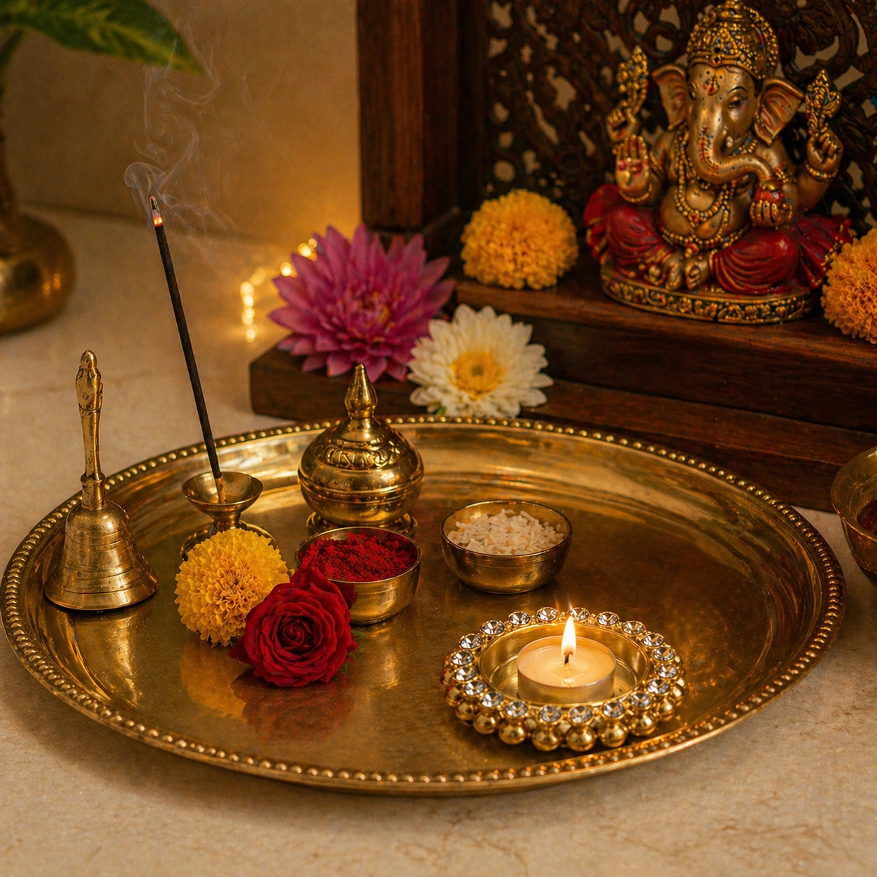 Decorative setup with a brass tray containing a lit candle, flowers, and a small statue in the background.