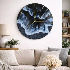 Decorative wall clock with a marble design in a living room setting.