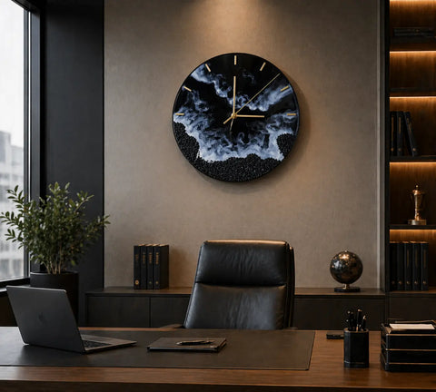 Modern office interior with a stylish wall clock, desk, and chair.