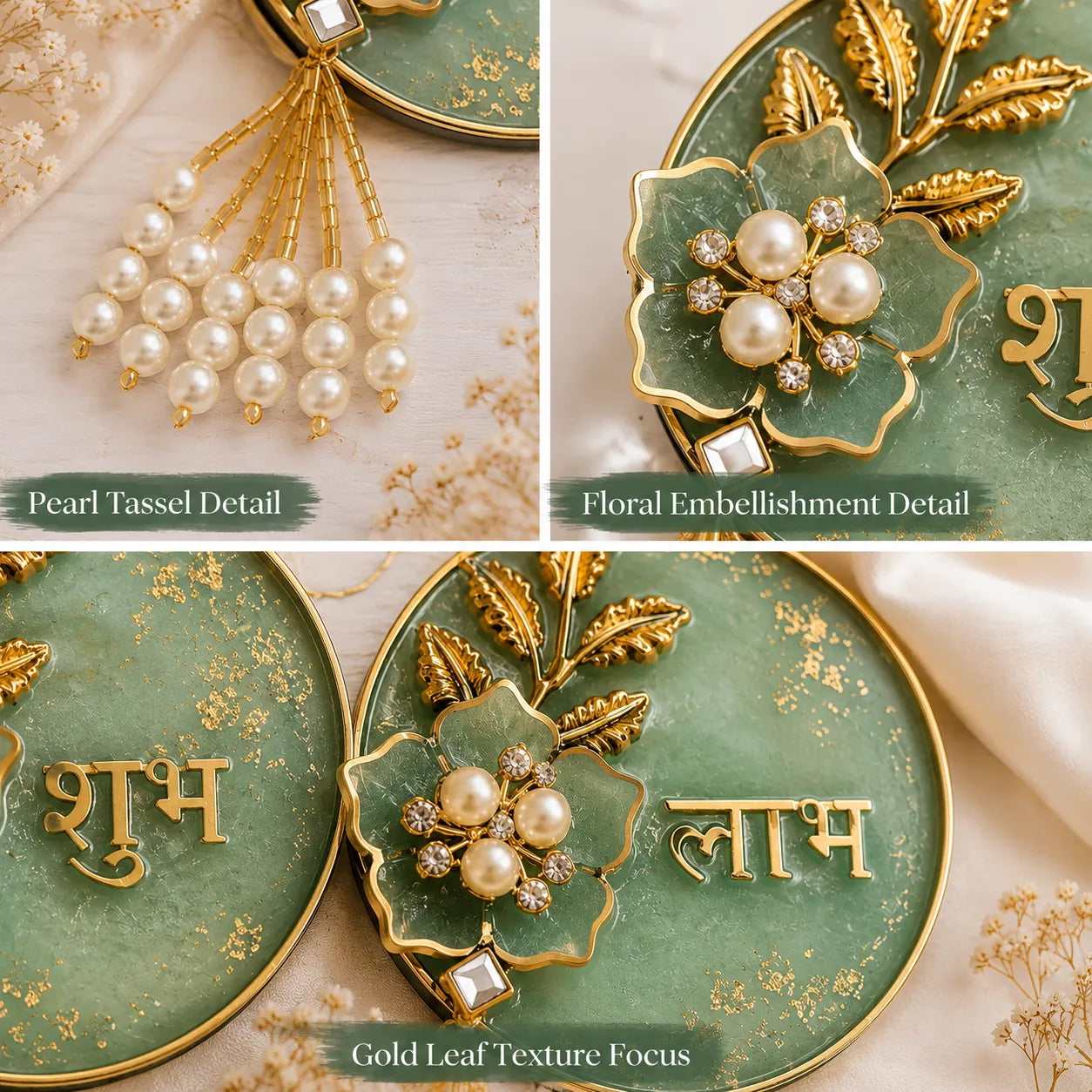 Collage of decorative items with pearl tassel, floral embellishments, and gold leaf details on a green background.
