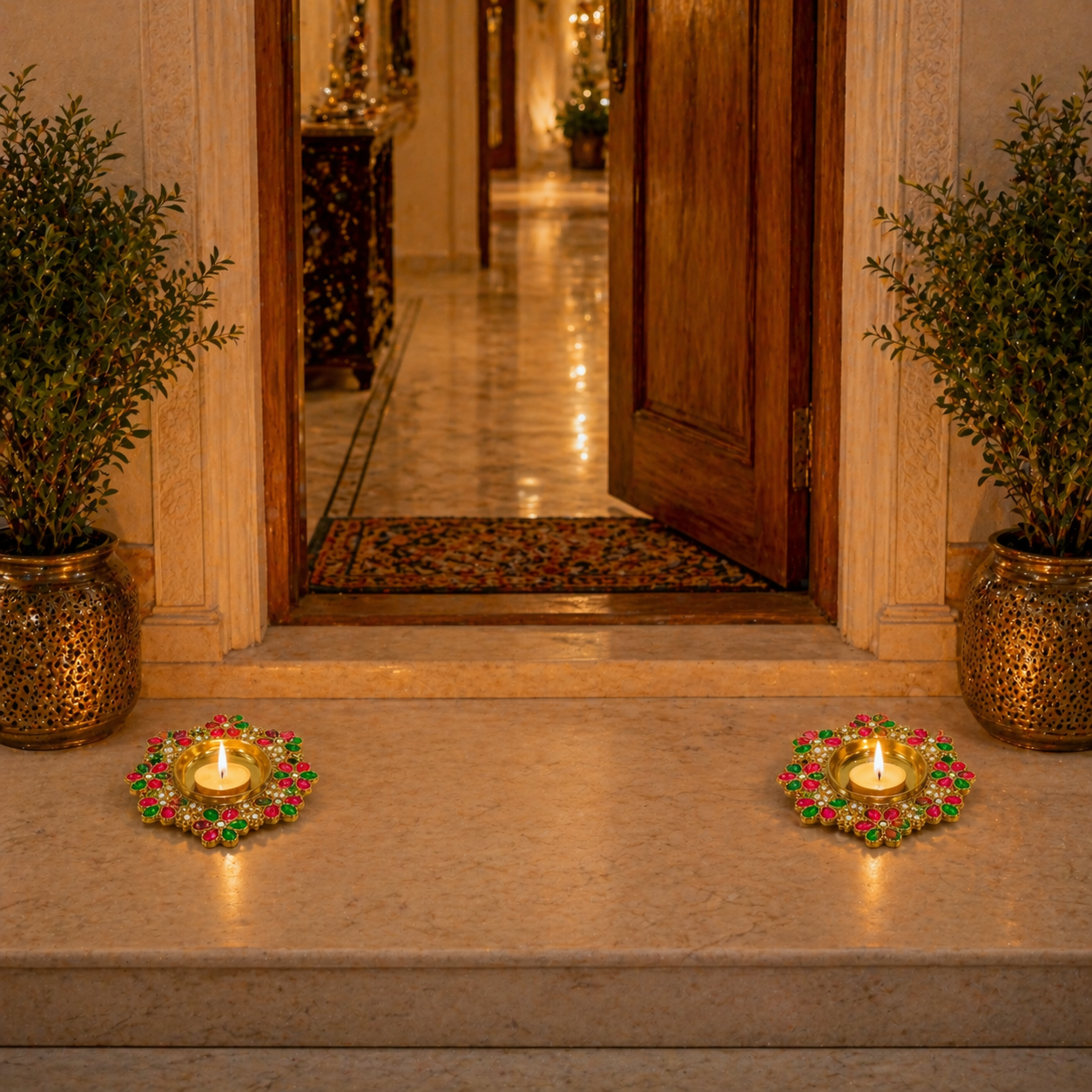 Decorative oil lamps with colorful embellishments on a stone floor, leading to a wooden door.