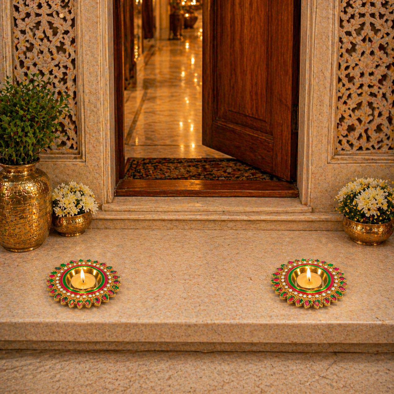 Decorative oil lamps on a stone ledge with a wooden door in the background