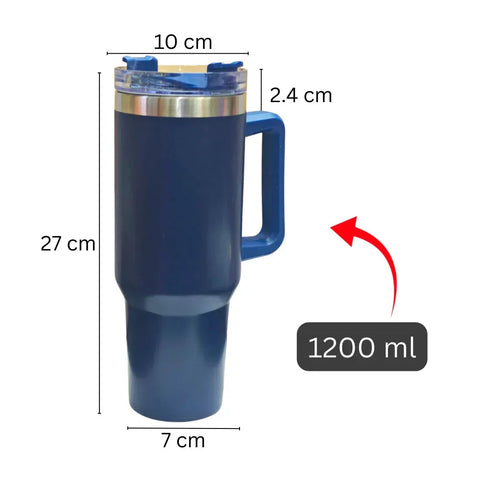 Blue travel mug with measurements on a white background