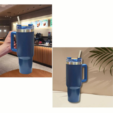 Blue travel mug with handle and straw in a hand, and on a surface.