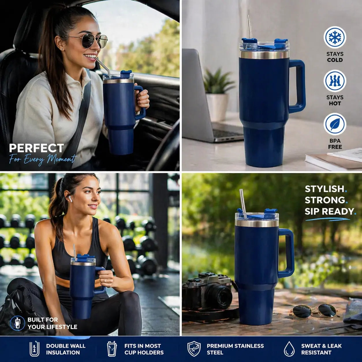 Collage of a blue insulated mug used in various settings with product features highlighted.