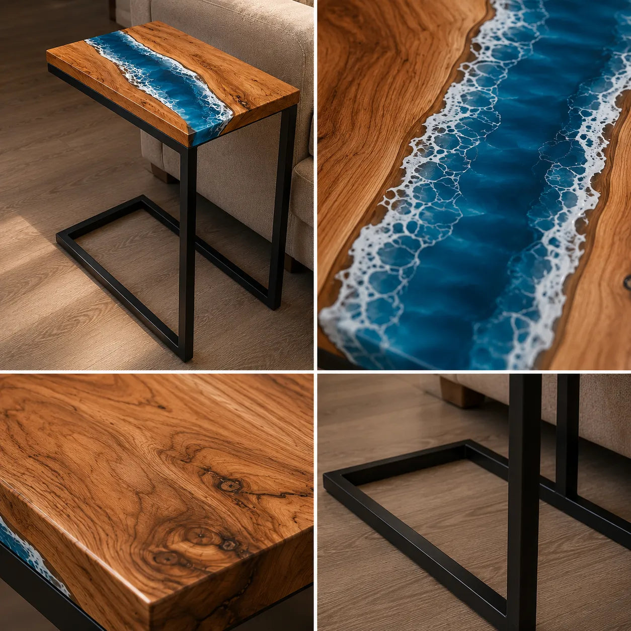 Collage of a wooden table with blue resin finish on a wooden floor.