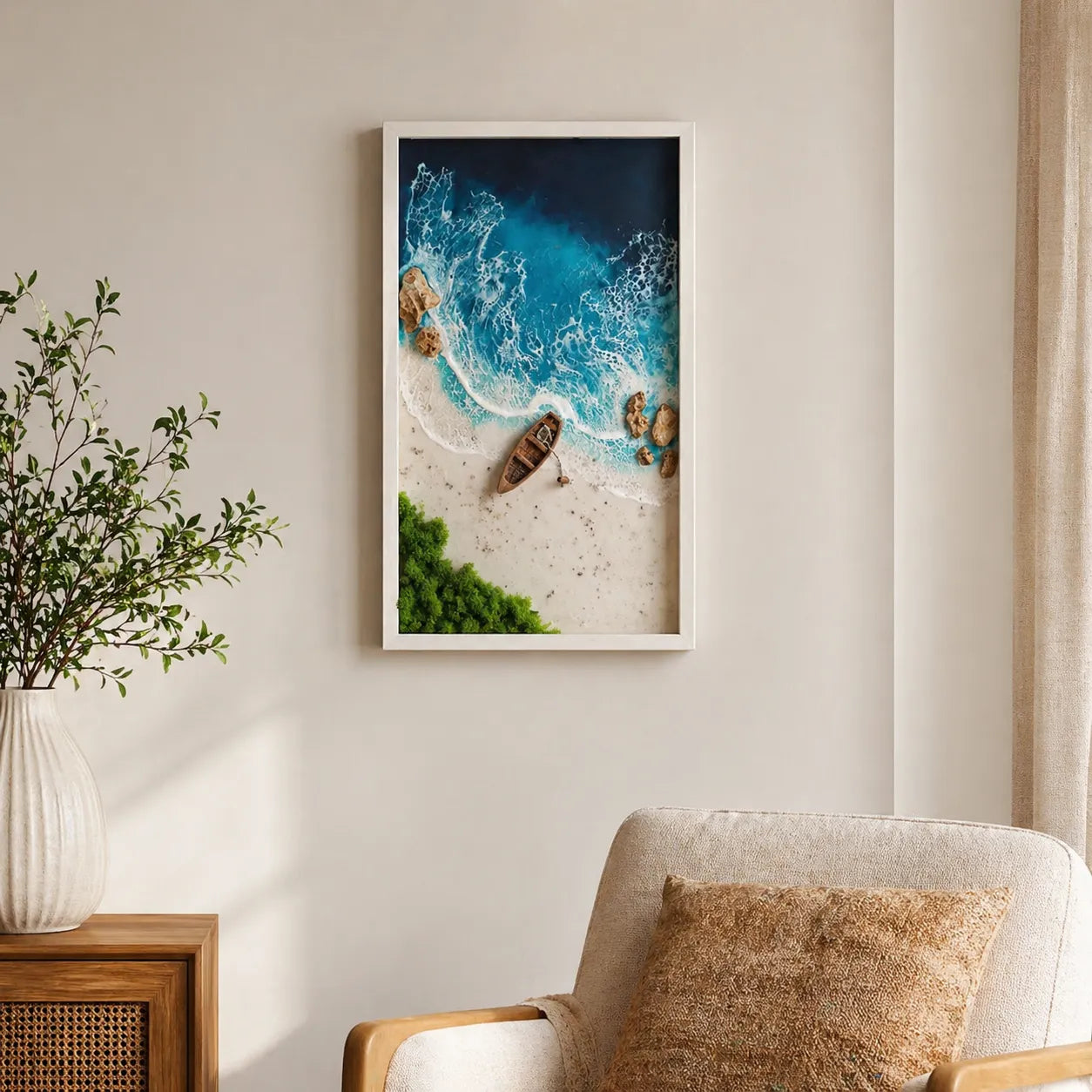 ocean wave resin wall frame art with boat beach scene in living room wall decor setup