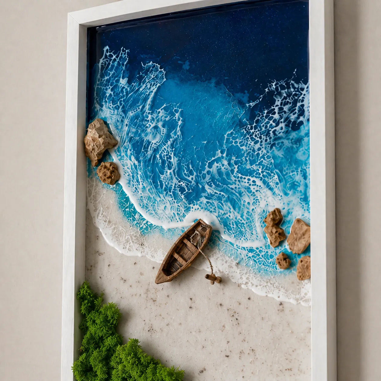 close up ocean wave resin wall frame art with boat and beach scene detailed handmade decor