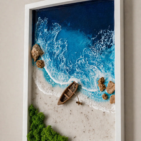 close up ocean wave resin wall frame art with boat and beach scene detailed handmade decor