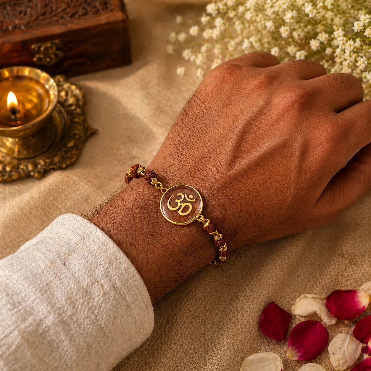 Hand wearing a gold bracelet with an Om symbol, surrounded by flowers and a lit candle on a textured surface.
