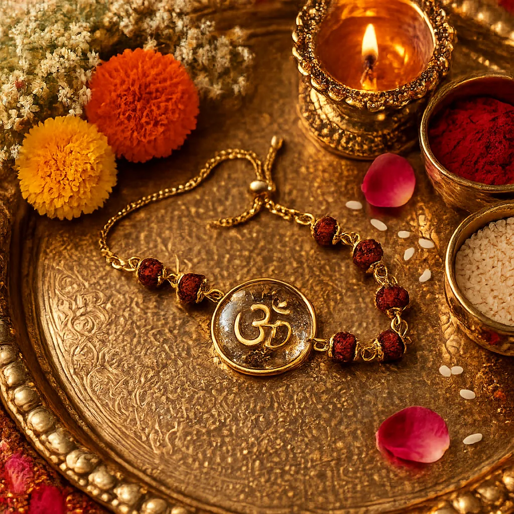 Bracelet with Om symbol on a decorative tray with flowers and candles