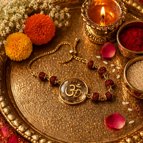 Bracelet with Om symbol on a decorative tray with flowers and candles