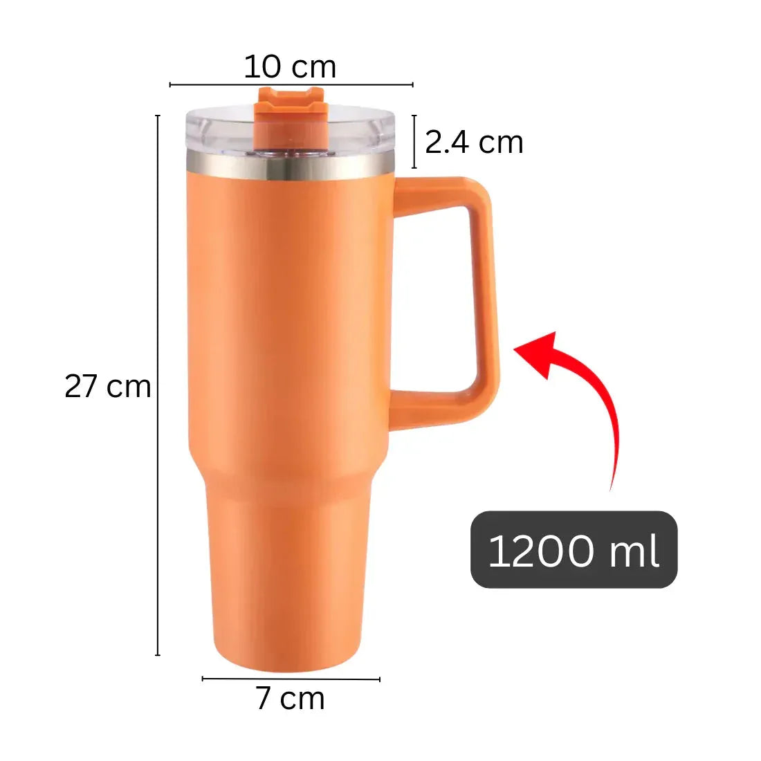 Orange travel mug with measurements on a white background