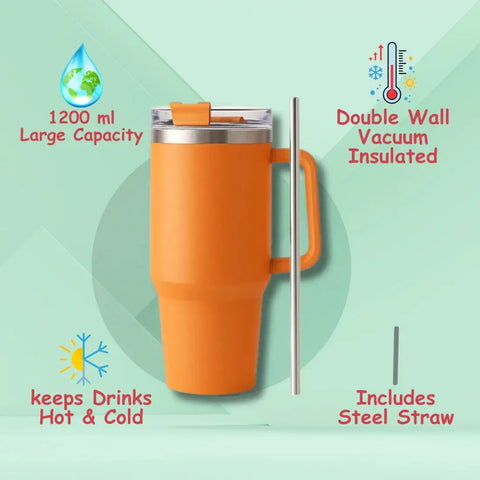 Orange travel mug with handle and straw on a green background, featuring text about its features.