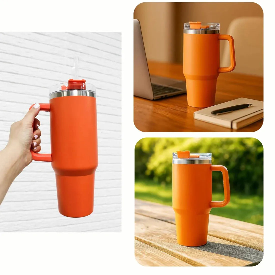 Orange insulated mug with handle in various settings including a hand holding it, on a desk, and outdoors.