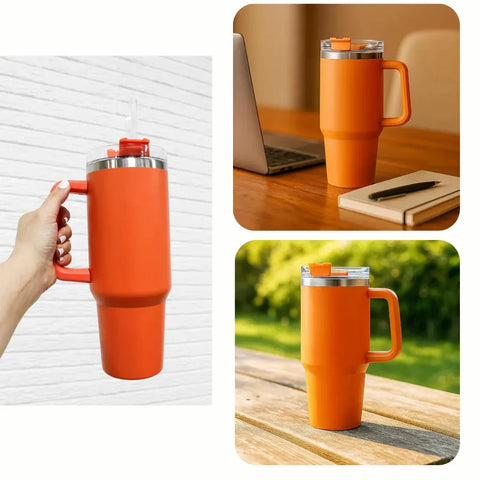 Orange insulated mug with handle in various settings including a hand holding it, on a desk, and outdoors.