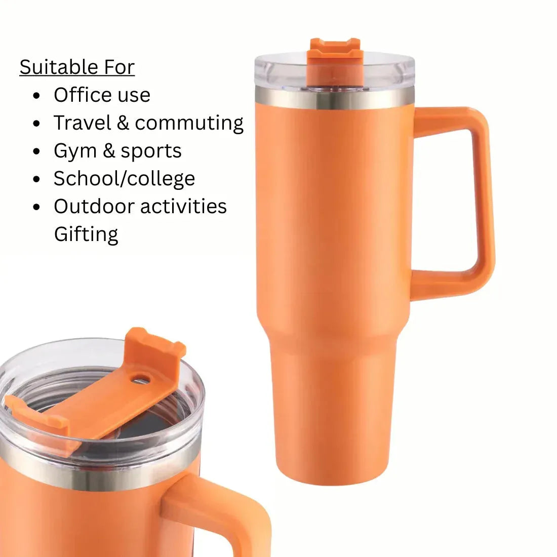 Orange insulated mug with handle on a white background, suitable for various activities.