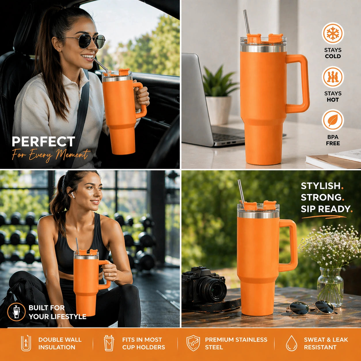 Orange insulated mug being used by a woman in various settings with product features highlighted.