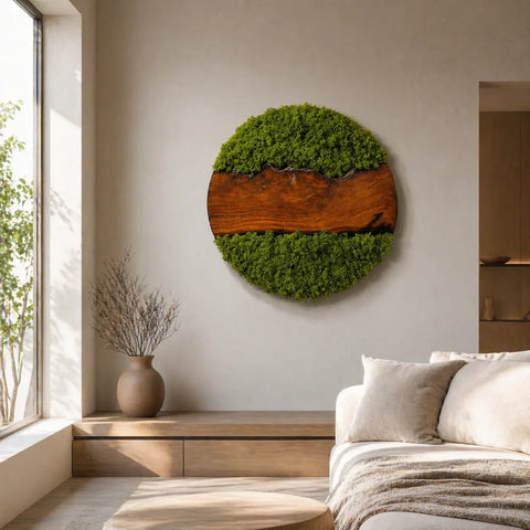 Decorative wall art with green moss-like material on a neutral wall in a modern living room.