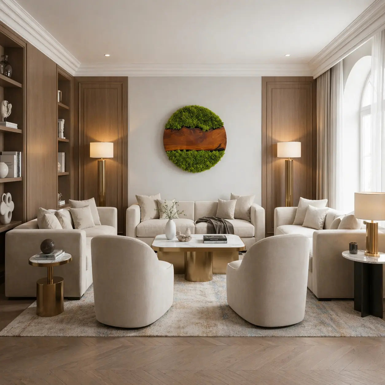 Modern living room with beige sofas, armchairs, and a decorative wall piece.