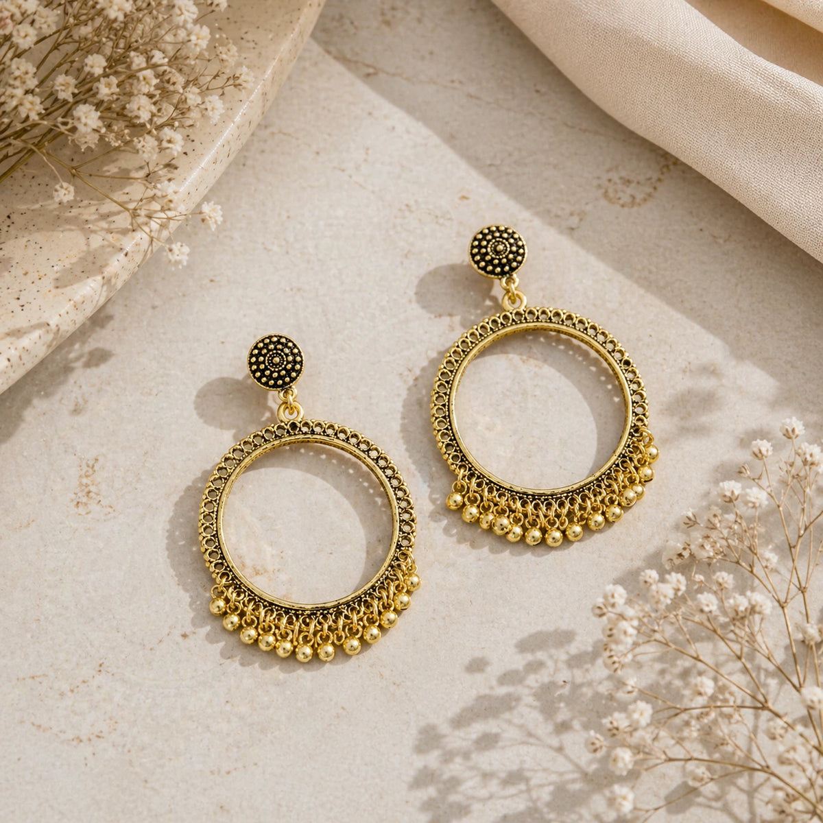 Round mirror hoop jhumka earrings with bead detailing traditional ethnic jewellery for women