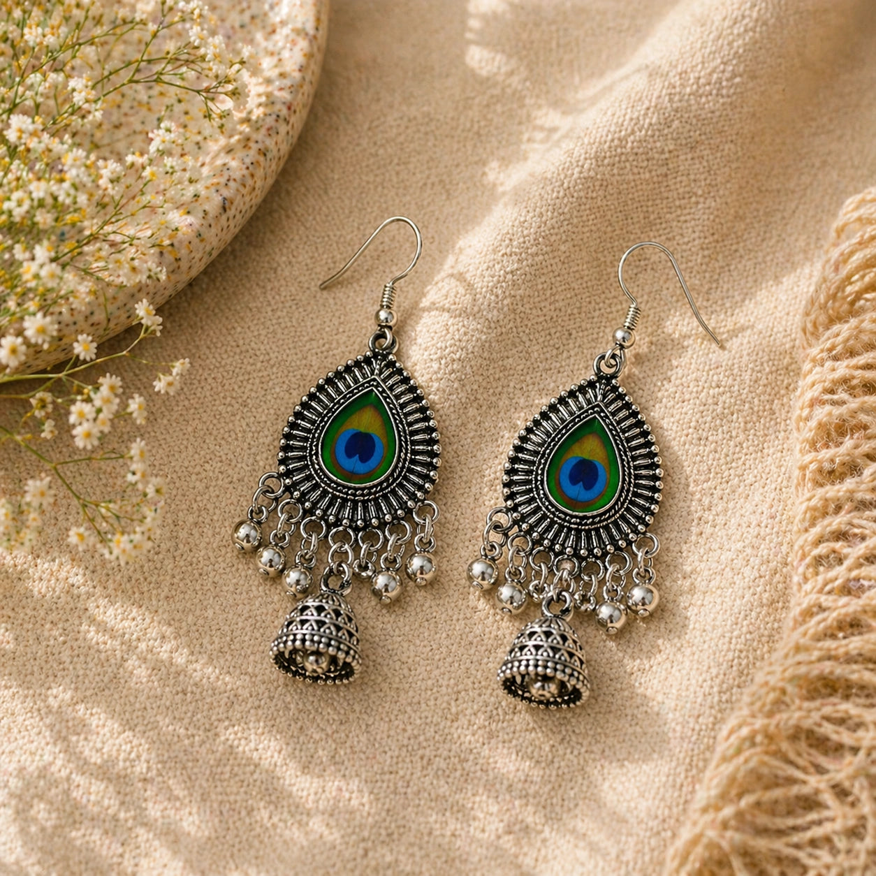 Pair of peacock feather earrings on a beige fabric background with flowers.