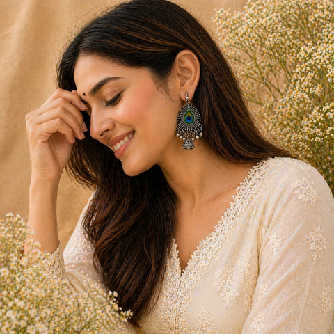 Woman wearing a traditional outfit with floral background