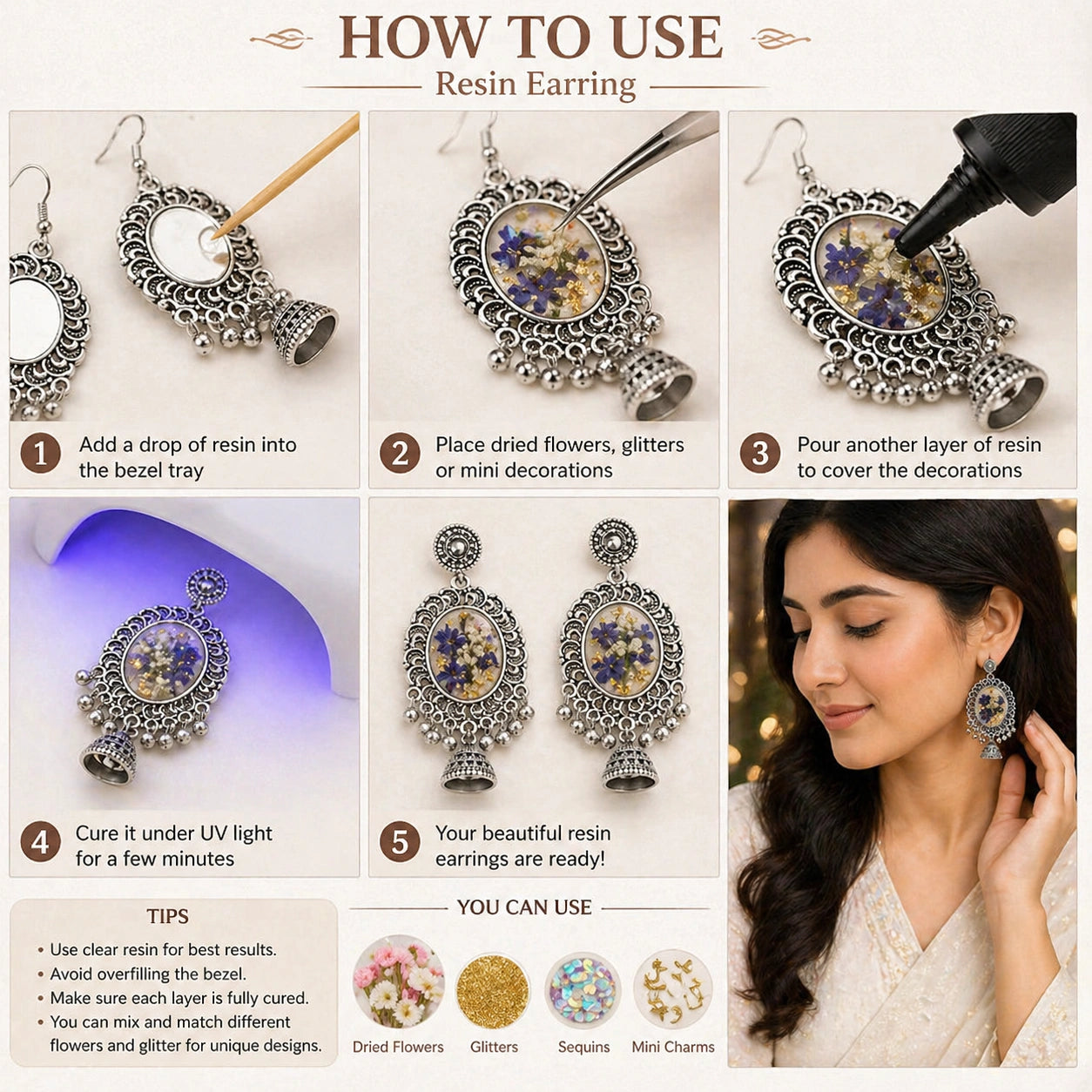 Step-by-step guide on how to use resin earrings with images and text.