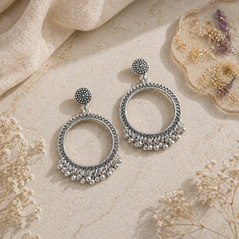 Oxidised silver round hoop jhumka earrings with bead detailing traditional ethnic jewellery for women