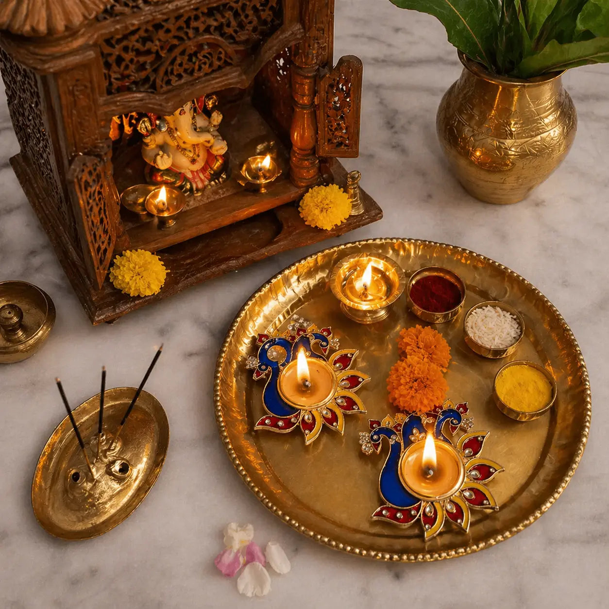 Decorative setup with a small temple, lit candles, and flowers on a marble surface.
