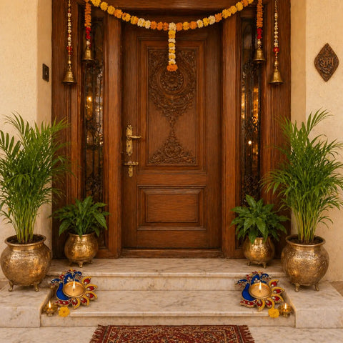 Decorative entrance with wooden door, plants, and decorative items.