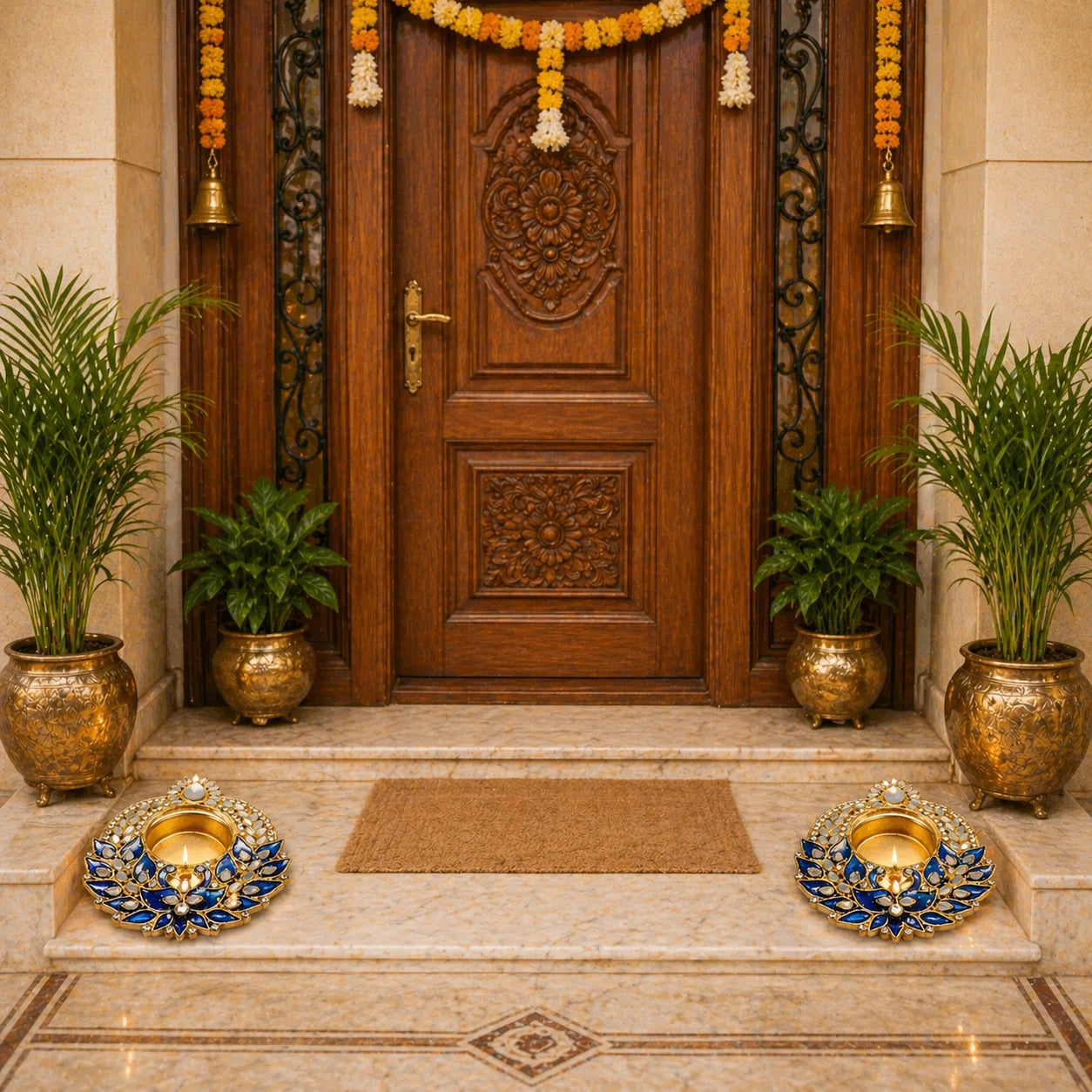 Decorative entrance with a wooden door, plants, and decorative items.