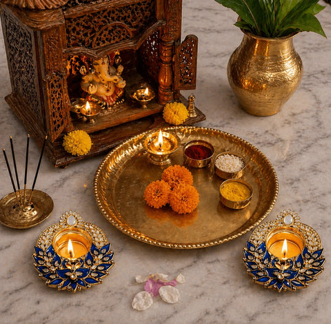 Decorative setup with gold trays, candles, and flowers on a marble surface