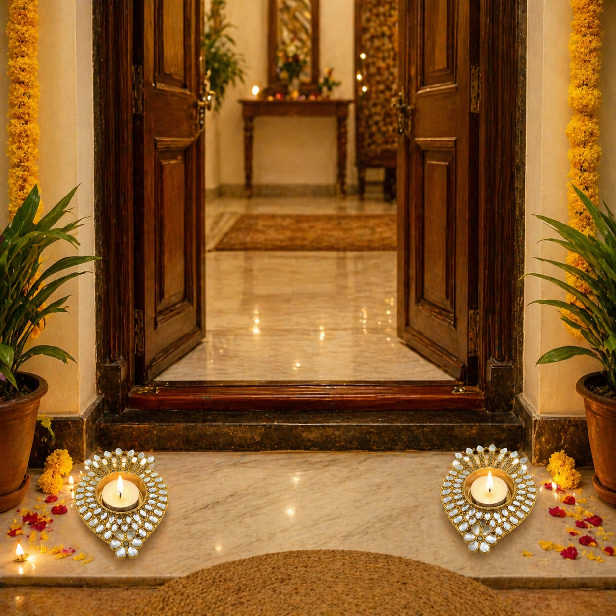 Decorative entrance with open wooden doors, candles, and flowers on a marble floor.