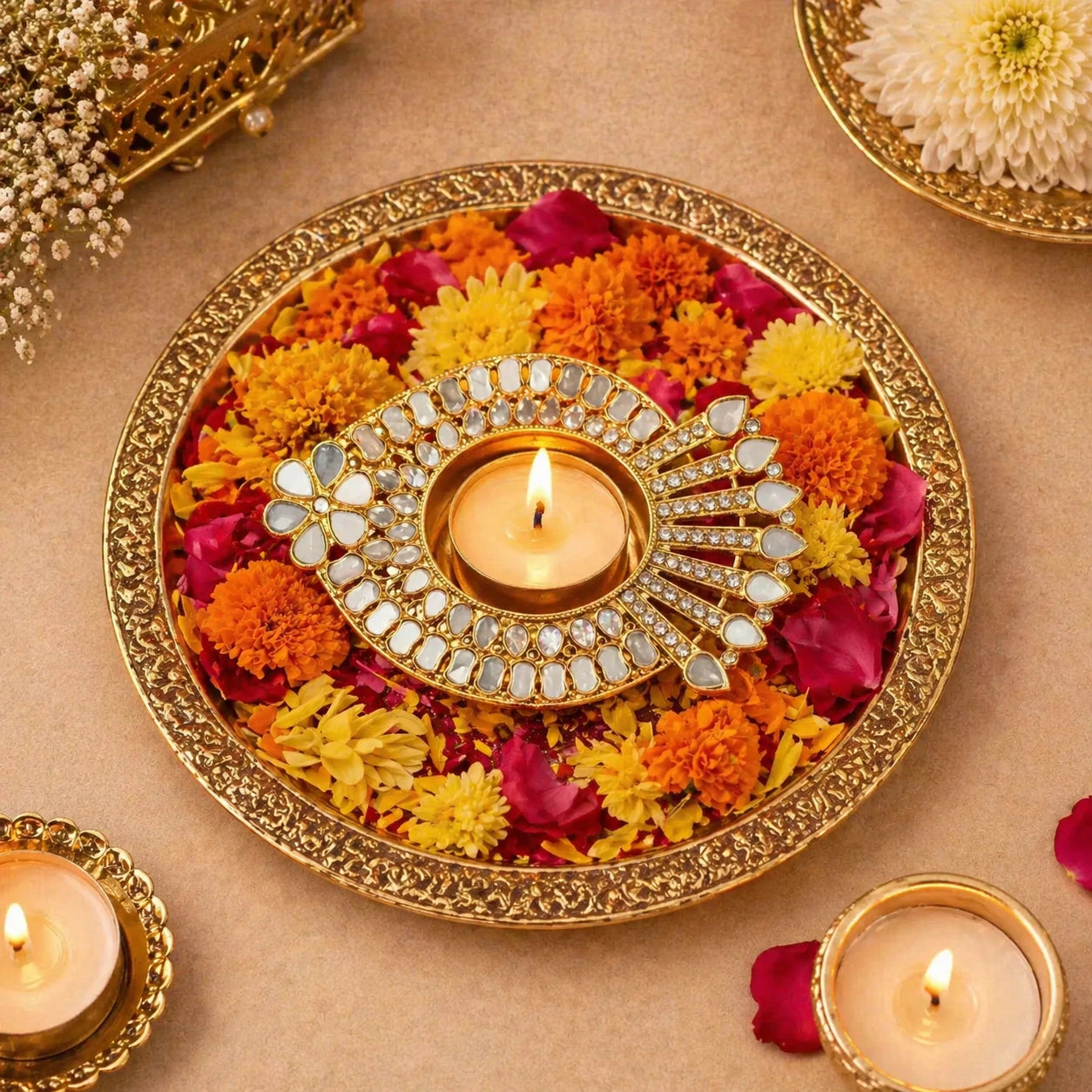 Decorative plate with flowers and candles on a beige background