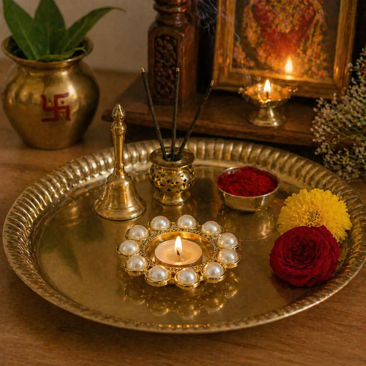 Decorative setup with a lit candle, flowers, and incense on a gold tray.
