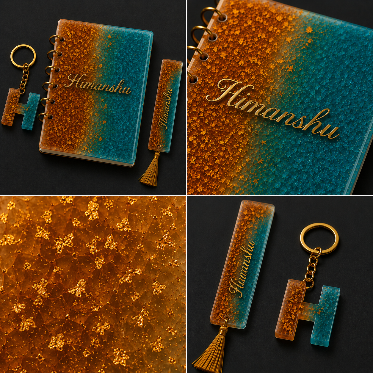 Collage of a glittery notebook and keychain with 'Himanshu' branding on a dark background.